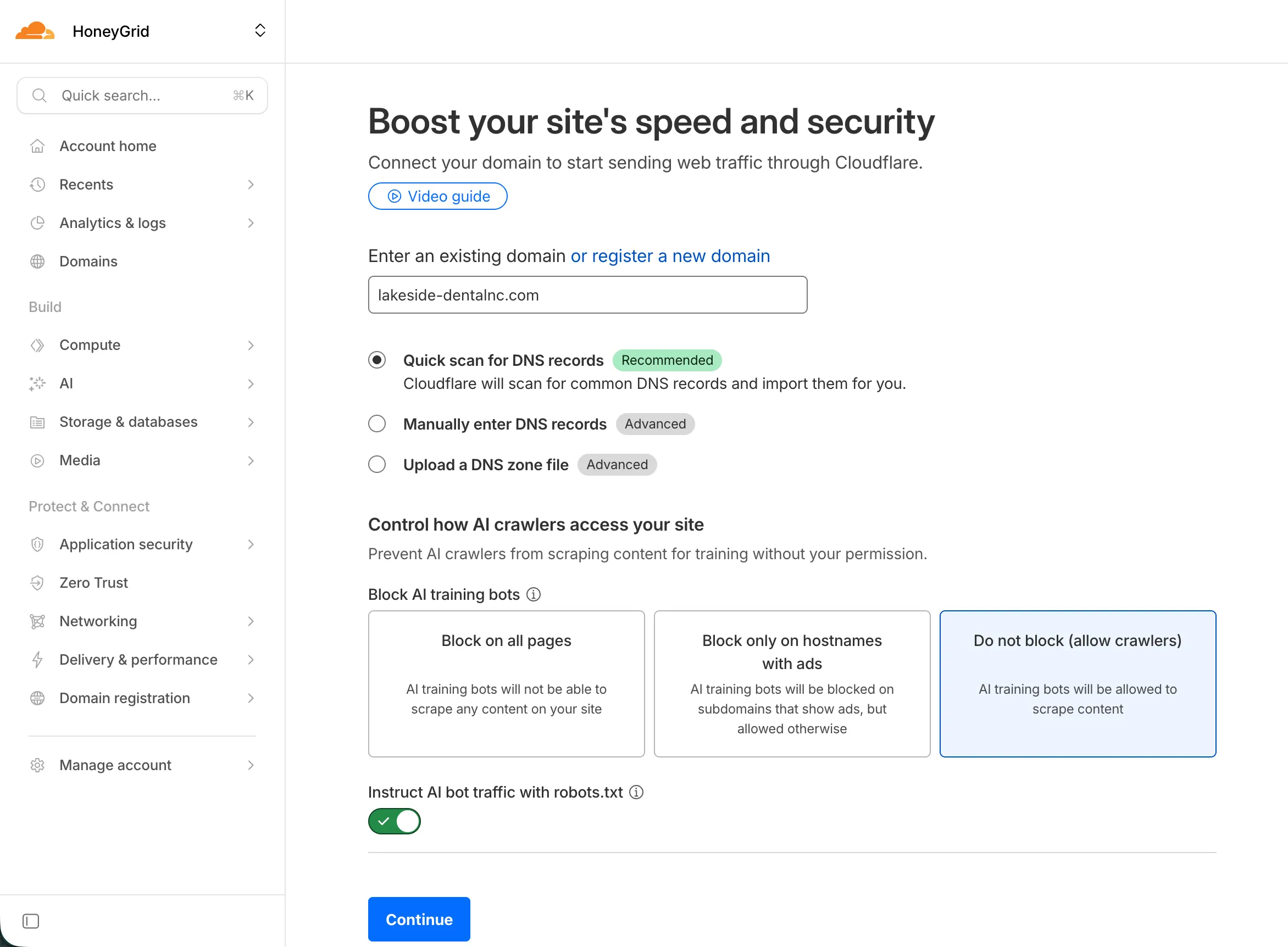 Onboard a domain dialog