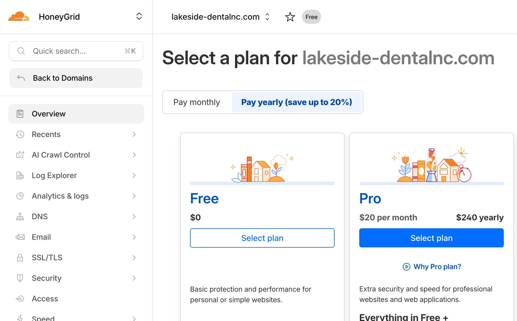 Free plan selection