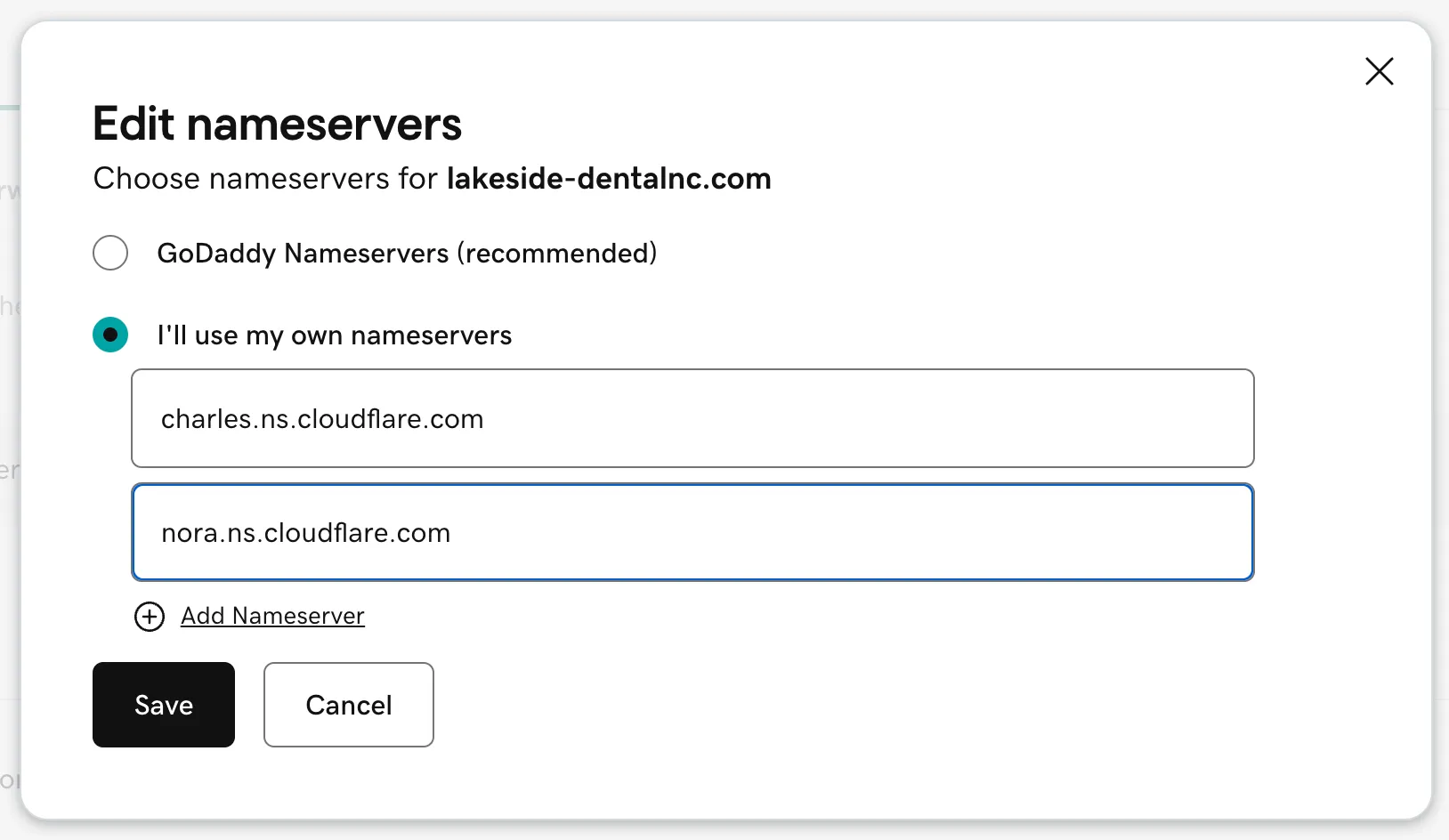 Edit nameservers dialog
